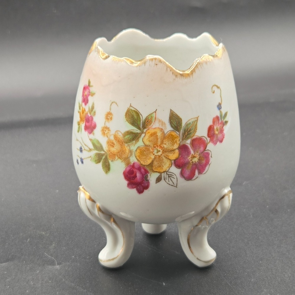 Vintage Porcelain Cracked Egg Vase 3 Footed Hand Painted Floral Gold Trim
